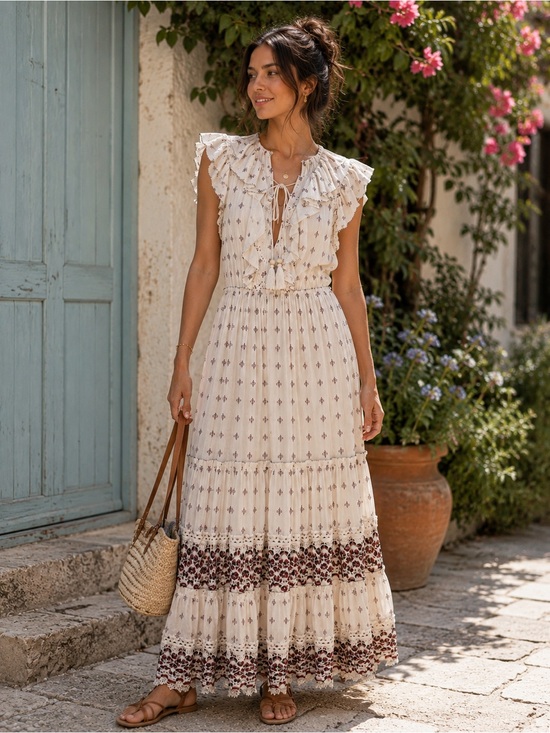 Sea New York Dresses & Skirts - Sea New York Cream Maxi Dress with Brown Floral Border